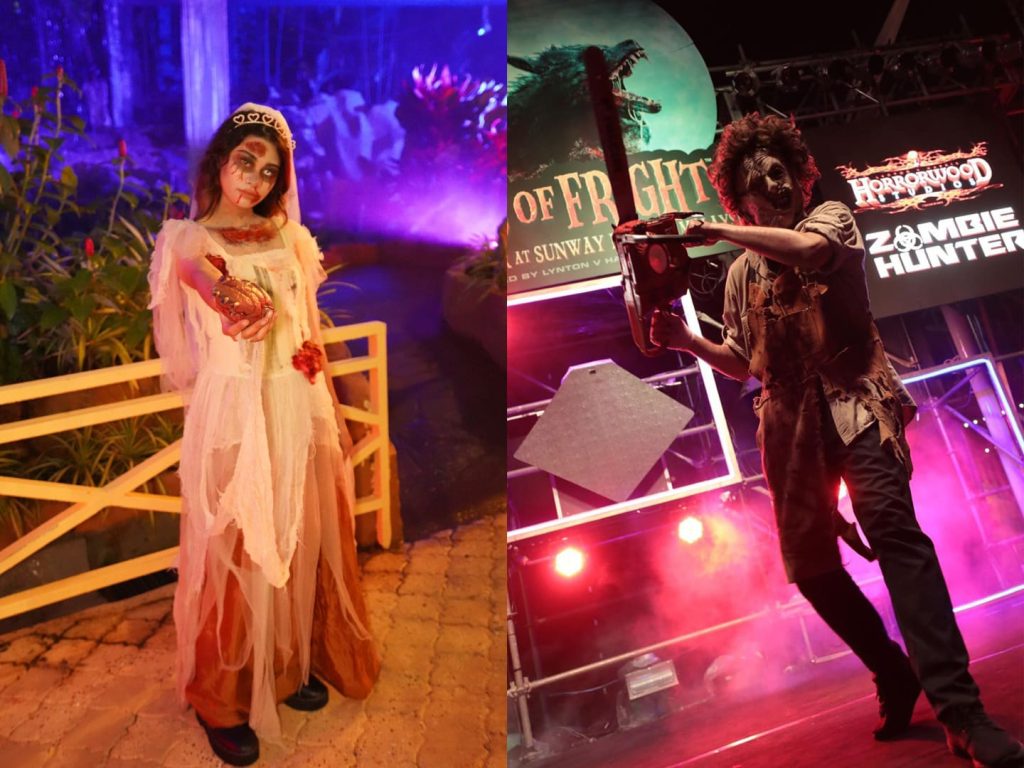 An undead bride in a white gown holding a heart ; A zombie holding a chainsaw at the Nights of Fright stage