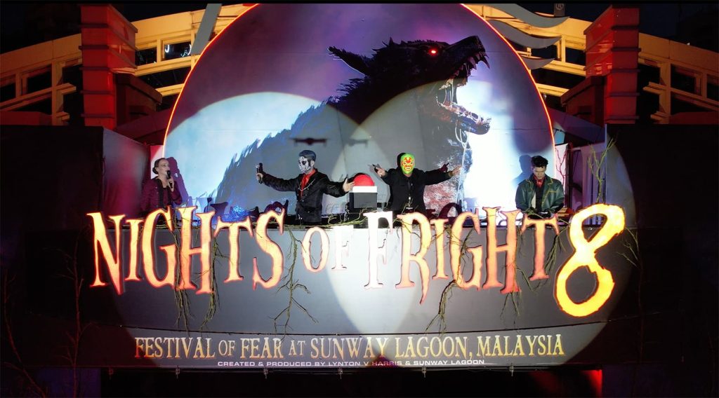 The Nights of Fright 8 DJs hosting a party, with spotlight beaming down on them