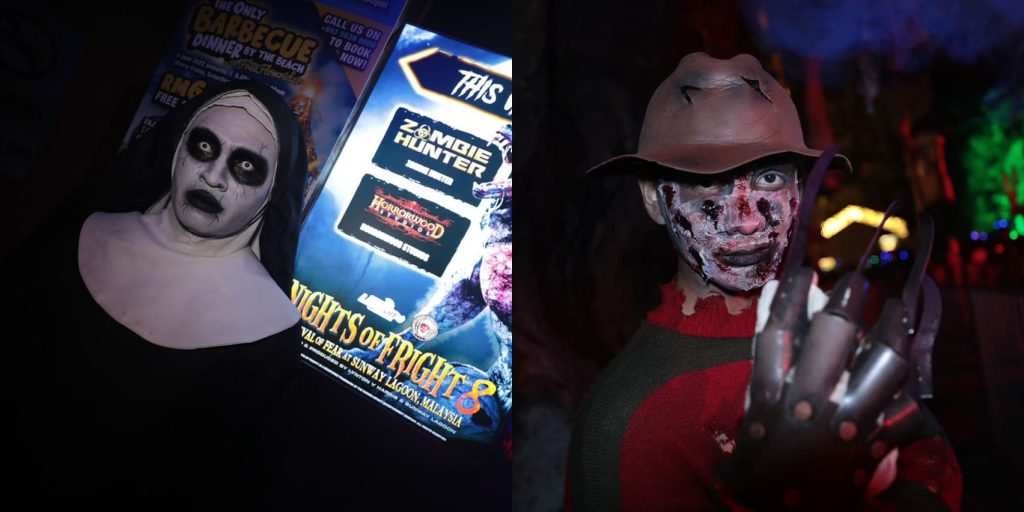 An evil undead nun in front of the Nights of Fright poster; Freddy Krueger with his claw hands and signature red & green sweater and brown hat