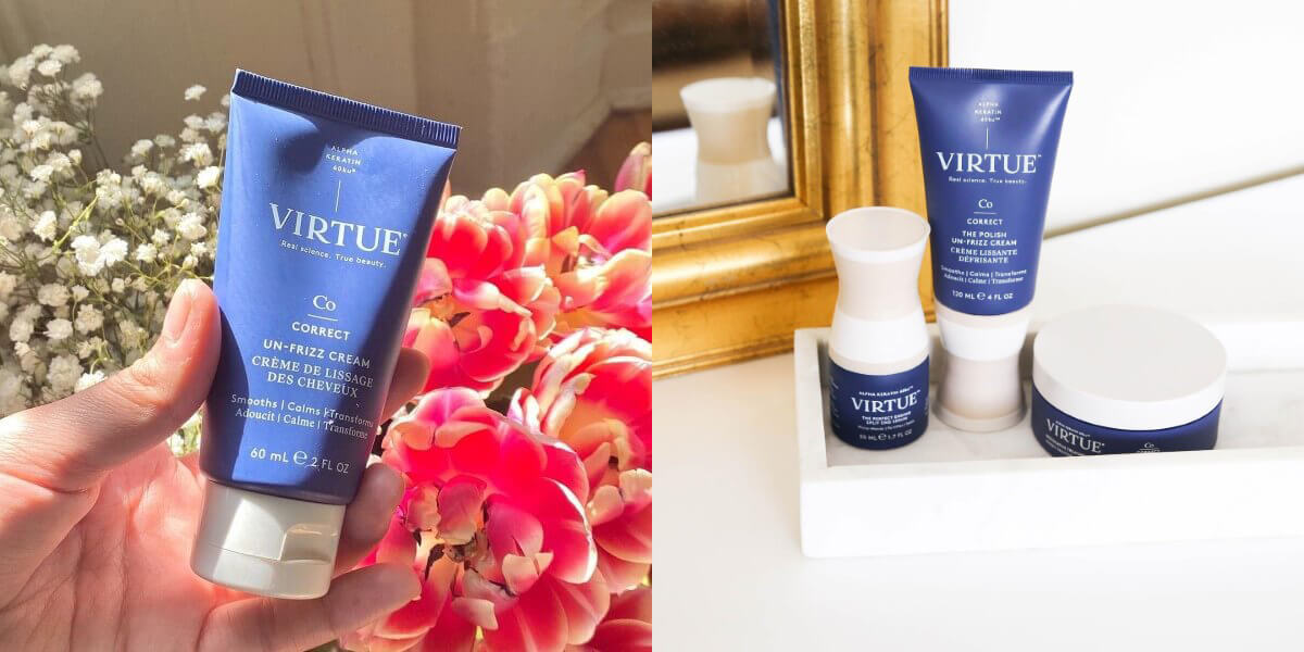 A hand holding a bottle of Virtu Labs’ Un-Frizz Cream amidst a background of flowers, A few bottles of of Virtu Labs’ Un-Frizz Cream products amidst a white background, with a golden-framed mirror 